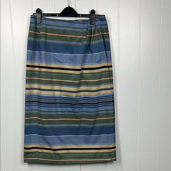 Cambridge Dry Goods Womens Wrap Skirt Blue Green Yellow 12 Waist Button Stripes - Picture 1 of 11